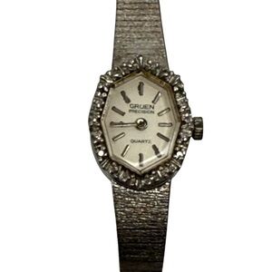 Gruen vintage Precision quartz silver tone watch rhinestone and adjustable band